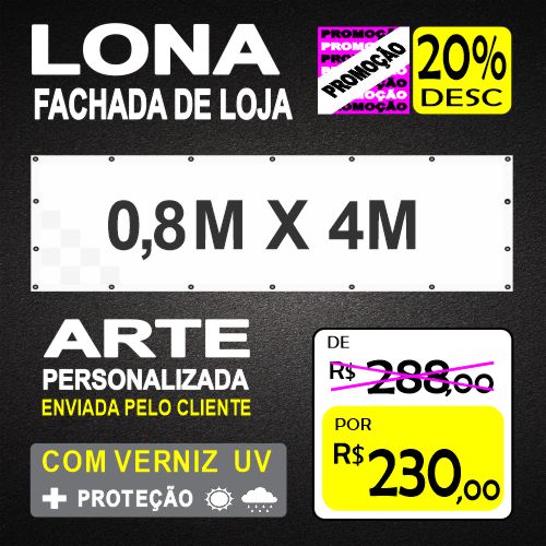 Lona Fachada de Loja 80x400 cm com arte personalizada, enviada pelo cliente, acabamento reforçado e Ilhós.